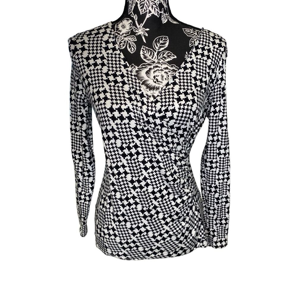 Talbots Petites Black White Houndstooth Faux Wrap Stretch Top Petite P Small
